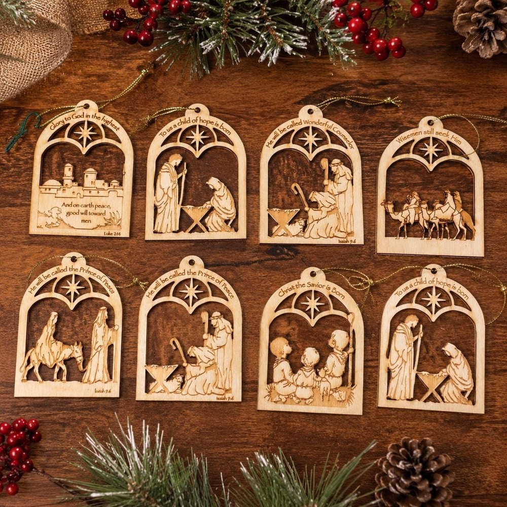VTG Wooden Nativity Ornament Set of 8 Christian Christmas Bible Verse Holiday